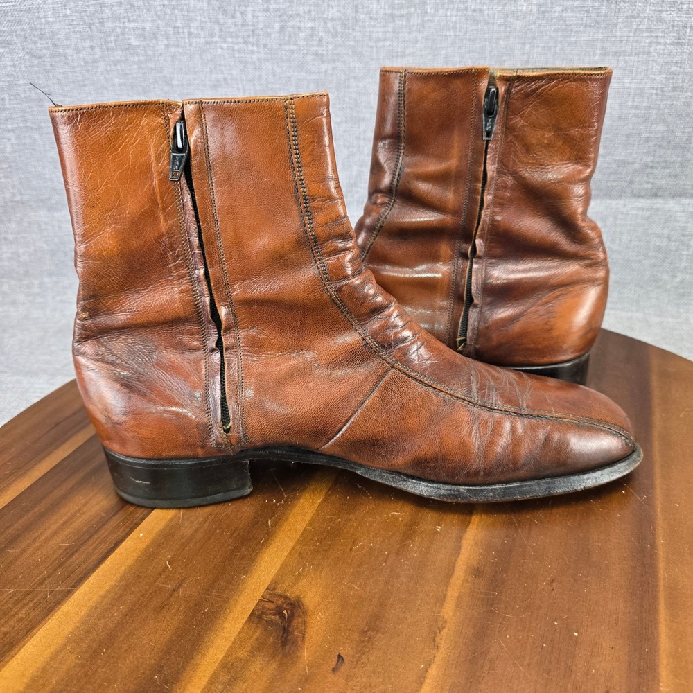 Vintage Mens Brown Leather Side Zip Square Toe Ankle Boots Size 11 D 93164 CI - Picture 6 of 14